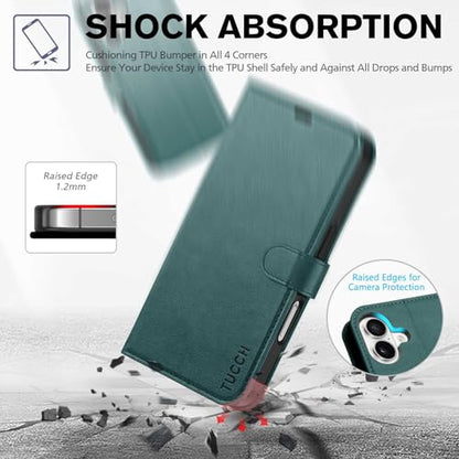 TUCCH Case Wallet for iPhone 16 (6.1") 2024, RFID Blocking Folio, Teal Blue | 4 Card Holders, Kickstand, PU Leather, Magnetic Closure, Shockproof TPU Shell, Protective Flip Cover - color: Textured Teal Blue