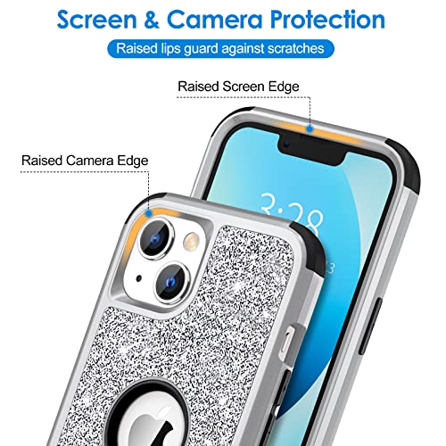 Hython Case for iPhone 13 Case Glitter, Cute Sparkly Shiny Bling Sparkle Cover, Heavy Duty 3 in 1 Hybrid Hard PC Soft TPU Bumper Full Body Shockproof Protective Phone Cases for Women Girls, Silver - color: Silver