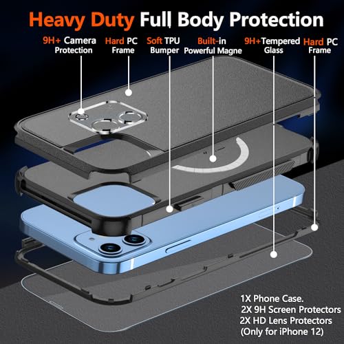 Diverbox for iPhone 12 case, iPhone 12 Magnetic case [with Screen Protector and Camera Lens Protector ] 2 Pack [15 FT Military Grade Drop Protection] Heavy Duty Shockproof Phone Case (Black) - color: Magnetic Black