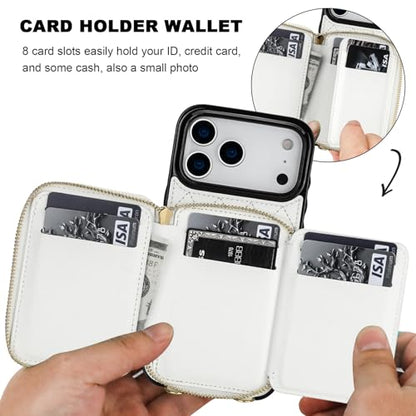 Bocasal Crossbody Wallet Case Card Holder for iPhone 17 Pro Max White | RFID Blocking PU Leather Zipper Handbag Purse, Kickstand Flip Folio Case with Card Slots Holder Wrist Strap Lanyard 6.9 Inch - color: White