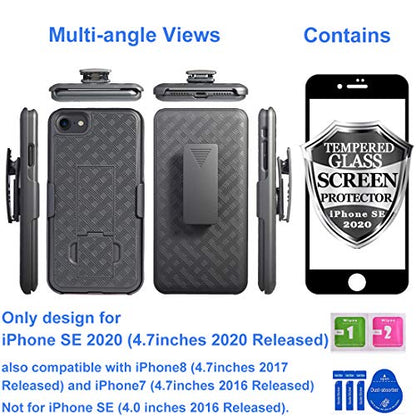 for iPhone SE 2022/2020 Case Belt Clip, iPhone 7/8 Holster-Black | Screen Protector, Swivel Stand Holder, Slim Shell Slide Pouch Full Body Drop Protective, Shockproof Outdoor Cell Phone Cover - size: iPhone SE 2022