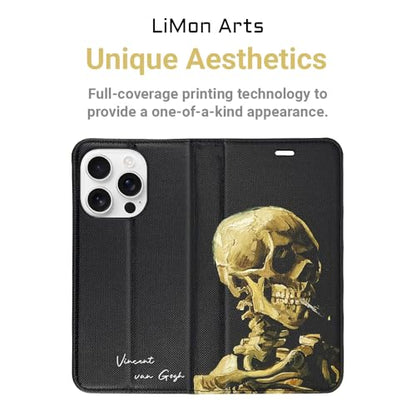 Cute Art Leather Case for iPhone 16 Pro Max (6.9") Wallet Cover | Magnetic Closure Flip Folio Cover, with Card Slot and Kickstand, Halloween Black Cool Stylish Van Gogh Head of a Skull - color: Van Gogh-Head of a Skull, size: iPhone 16 Pro Max (6.9 Inch )