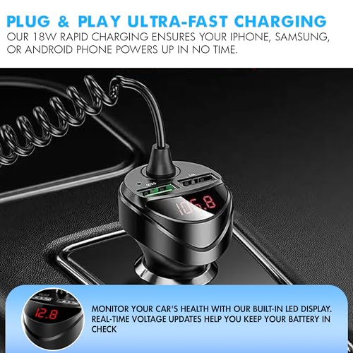 Retractable Car Charger 5 in 1 with Voltage Monitoring LED Display - 18W Car Phone Charger with Built-in Retractable Charging Cable Compatible with iPhone, Samsung & Android Phones