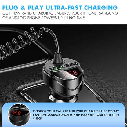 Retractable Car Charger 5 in 1 with Voltage Monitoring LED Display - 18W Car Phone Charger with Built-in Retractable Charging Cable Compatible with iPhone, Samsung & Android Phones