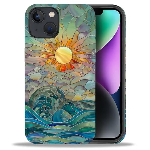 DAIZAG Compatible with iPhone 14 iPhone 13 Case,Sun Rays Ocean Waves Stained Glass Full Pattern Plastic Soft TPU Shockproof Protection Double Protection Corner Case - color: Sun Rays Ocean Waves Stained Glass, size: iPhone 13 iPhone 14