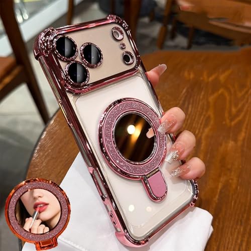 Magnetic Case for iPhone 17 Pro Max Clear with Shiny Invisible Kickstand Ring Holder Makeup Mirror Luxury Plating Soft TPU Four Corners Air Cushion Shockproof Protective Phone Cover 6.9", Pink - color: Pink, size: For iPhone 17 Pro Max 6.9"