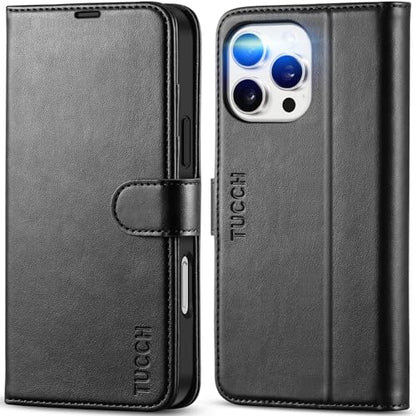 TUCCH Wallet Case for iPhone 16 Pro Max (6.9") 2024, 4 Card Holders, Black | RFID Blocking, Viewing Stand, Shockproof TPU Shell, PU Leather, Magnetic Closure, Protective Folio Flip Cover - color: Black