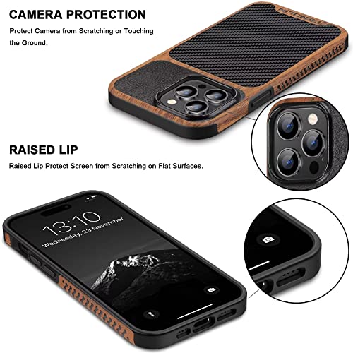TENDLIN Compatible with iPhone 14 Pro Case Wood Grain with Carbon Fiber Texture Design Leather Hybrid Slim Case Black - color: Black, size: iPhone 14 Pro