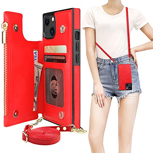 Bocasal Crossbody Wallet Case with Strap for iPhone 13/14, Red | RFID Blocking Card Slot Holder, Magnetic Flip Folio Purse Case, PU Leather Zipper Handbag Detachable Lanyard Strap 6.1 Inch - color: Red