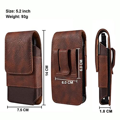 Cell Phone Belt Clip Holster Leather Men, Cell Phone Waist Bag with Card Holder, Vertical Leather Smartphone Pouch with Belt Loop Carry Case Travel Outdoor Camping Phone Belt Holder Wallet Fanny Pack - color: Brown, size: 5.2 INCH