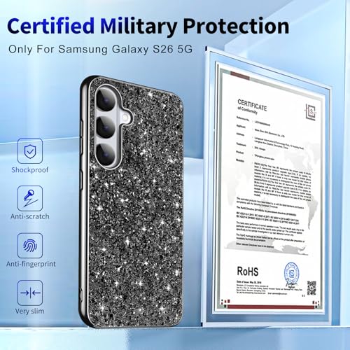 Galaxy S26 Glitter Case for Samsung Galaxy S26 5G Phone Case for Women Girls, Slim Ultra Thin Matte Back Shockproof Full Body Protective Cover for Samsung S26 5G, Crystal Bling Case, 2026 (Black) - color: Black
