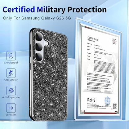 Galaxy S26 Glitter Case for Samsung Galaxy S26 5G Phone Case for Women Girls, Slim Ultra Thin Matte Back Shockproof Full Body Protective Cover for Samsung S26 5G, Crystal Bling Case, 2026 (Black) - color: Black