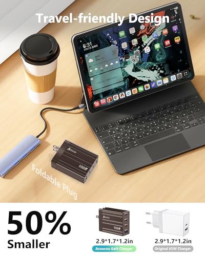 ACOUCOU 100W GaN Charger, 4-Port USB C Wall Charger with 3 USB-C & 1 USB-A, Foldable Fast Charging Block for MacBook, iPad, iPhone, Galaxy, Steam Deck & Laptops