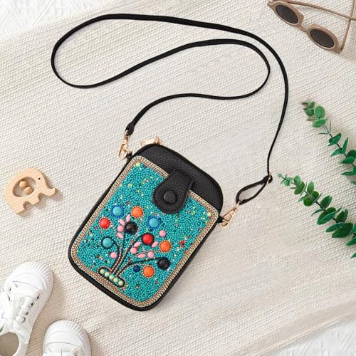 Women's Small Crossbody Cell Phone Bag, Boho Colorful Beaded Purse Wallet with Handmade Cute Patterns - color: Tree-blue