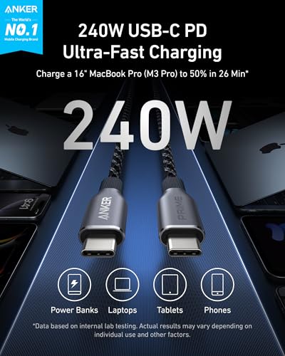 Anker Prime USB C to USB C Cable, 240W Fast Charging Durable Cable (6 ft) - size: 6FT