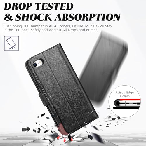 TUCCH Case Wallet for iPhone SE 2022/ iPhone 7/8/SE 2020, Textured Black | 3 Card Holders, Kickstand, PU Leather, Shockproof TPU Shell, Magnetic Closure, Protective Folio Cover - color: Black - Textured
