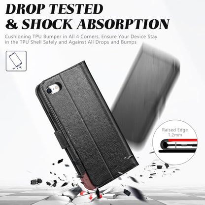 TUCCH Case Wallet for iPhone SE 2022/ iPhone 7/8/SE 2020, Textured Black | 3 Card Holders, Kickstand, PU Leather, Shockproof TPU Shell, Magnetic Closure, Protective Folio Cover - color: Black - Textured