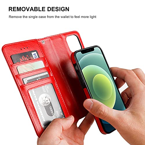 Bocasal Detachable Wallet Case Card Holder for iPhone 12/12 Pro, Red | Kickstand Card Slots Holder PU Leather Magnetic Shockproof Wrist Strap Removable Flip Protective Cover 6.1 inch - color: Red