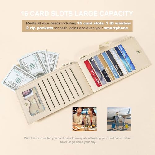 Travelambo RFID Wallet Women Large Size Bifold Multi Card Wallet Case with Zipper Pocke Credit Card Holder for Women - color: Beige