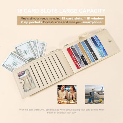Travelambo RFID Wallet Women Large Size Bifold Multi Card Wallet Case with Zipper Pocke Credit Card Holder for Women - color: Beige