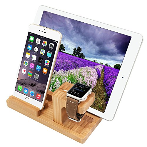 Bamboo Wood Multi-Device Desktop Charging Dock Station Charger Holder Cradle Charge Stand for iPhone 16 15 14 13 12 11 Pro Max iWatch 2 3 4 5 Compatible with iPad Mini Air Pro 2 3 Smartphones