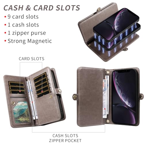 Asuwish Phone Case for iPhone XR 6.1 Zipper Wallet Magnetic Cell Cover with Tempered Glass Screen Protector Strap Flower Card Holder iPhoneXR iPhone10R i Phonex 10XR 10R RX CR iPhoneXRcases Women Gray - color: Gray