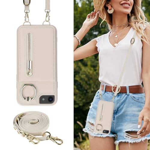 Crossbody Wallet Case for iPhone 7/8/SE 2020/SE 2022, with Card Slots Zipper Pocket Case, Flip Folio Purse RFID Blocking with Ring Kickstand Detachable Strap-Beige - color: Beige, size: iPhone 7/8/SE 2020/SE 2022 (4.7")
