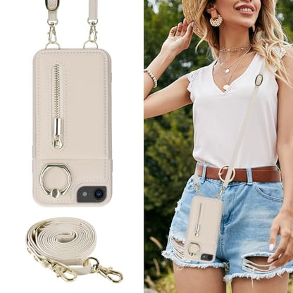 Crossbody Wallet Case for iPhone 7/8/SE 2020/SE 2022, with Card Slots Zipper Pocket Case, Flip Folio Purse RFID Blocking with Ring Kickstand Detachable Strap-Beige - color: Beige, size: iPhone 7/8/SE 2020/SE 2022 (4.7")