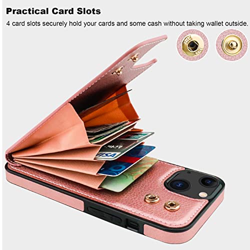 Folosu Compatible with iPhone 14 Case Wallet with Card Holder, 360°Rotation Finger Ring Holder Kickstand, RFID Blocking Leather Protective Double Buttons Shockproof Cover 6.1 Inch Rose Gold - color: Rose Gold, size: iPhone 14
