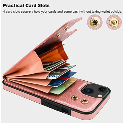 Folosu Compatible with iPhone 13 Case Wallet with Card Holder, 360°Rotation Finger Ring Holder Kickstand Protective RFID Blocking PU Leather Double Buttons Flip Shockproof Cover 6.1 Inch Rose Gold - color: Rose Gold