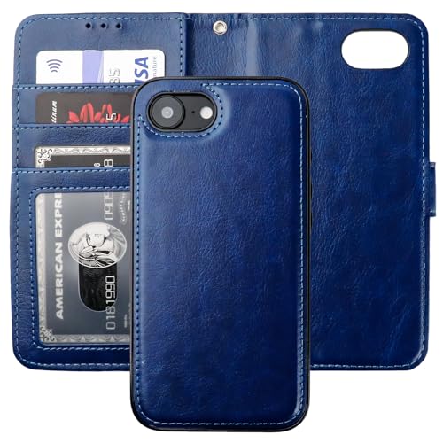 Bocasal Detachable Wallet Case Card Holder for iPhone 17e/16e, Blue | RFID Blocking Kickstand Card Slots Holder PU Leather Magnetic Shockproof Wrist Strap Removable Flip Protective Cover 6.1 inch - color: Blue