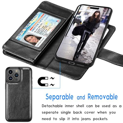 Tekcoo Wallet Case Compatible with iPhone 16 Pro Max (6.9 inch) 2024 Luxury ID Cash Credit Card Slots Holder Carrying Pouch Folio Flip PU Leather Cover [Detachable Magnetic Hard Case] Strap [Black] - color: Black, size: 16 Pro Max