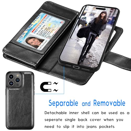 Tekcoo Wallet Case Compatible with iPhone 16 Pro (6.3 inch) 2024 Luxury ID Cash Credit Card Slots Holder Carrying Pouch Folio Flip PU Leather Cover [Detachable Magnetic Hard Case] with Strap [Black] - color: Black, size: 16 Pro