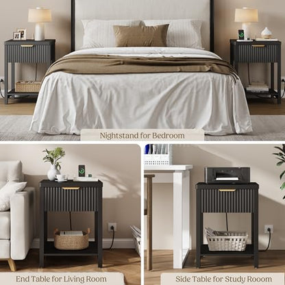 Night Stand Set 2, Fluted Wood Nightstands w/Charging Station for Bedroom - color: Black, size: 1 Drawer-Set of 2 Nightstand
