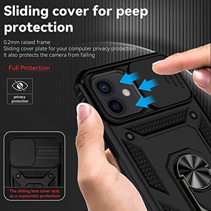 for iPhone 12 Mini Case with Camera Lens Cover HD Screen Protector, Dual Layer Military Grade Drop Protection Magnetic Ring Holder Kickstand Protective Phone Case for iPhone 12 Mini 5.4 inch (Black) - color: Black with camera cover Military-Grade 2nd gen