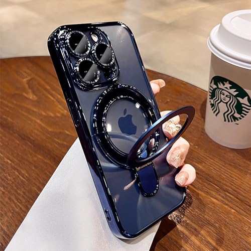 Mag-Stand Designed for iPhone 16 Pro Max Case Clear Supports Wireless Charging 16 Pro Max Case Camera Protector Invisible Stand Ring Luxury Plating Soft TPU Shockproof Phone Cover 6.9",Blue - color: Blue, size: For iPhone 16 Pro Max 6.9"