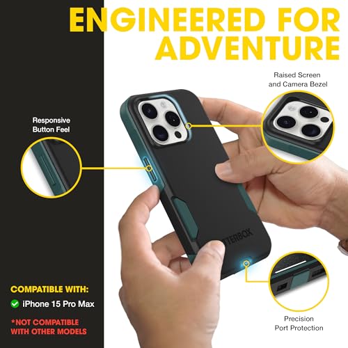 OtterBox iPhone 15 Pro Max Commuter Series MagSafe Case - Black & Green | 3X MIL Drop Protection - Dual-Layer Shockproof Design - Pocket-Friendly - Raised Edges - Port Covers - color: Black/Green