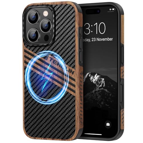 TENDLIN Magnetic Case Compatible with iPhone 16 Pro Phone Case Wood Grain with Carbon Fiber Texture Design Leather Hybrid Slim Cover (Compatible with MagSafe) Three Stripe - color: Magnetic Three Stripe, size: iPhone 16 Pro
