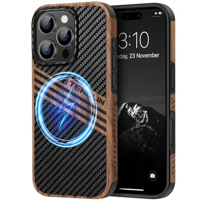 TENDLIN Magnetic Case Compatible with iPhone 16 Pro Phone Case Wood Grain with Carbon Fiber Texture Design Leather Hybrid Slim Cover (Compatible with MagSafe) Three Stripe - color: Magnetic Three Stripe, size: iPhone 16 Pro