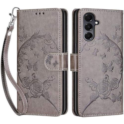 Wallet Case for Samsung Galaxy A16 5G, Gray Flower | Women Flip Folio Cover, Embossed PU Leather, Stand, Credit Card Holders Slots, Wrist Strap - color: 6