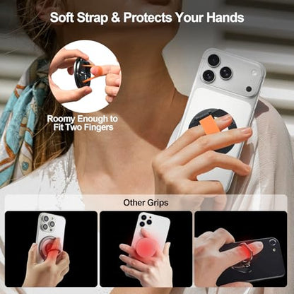 Dual-Sided for MagSafe Ring Holder, Magnetic Phone Grip&Kickstand with Soft Finger Strap, 360°Rotating Magnet Stand Grip for iPhone 17/16/15/14/13/12 Series, Gym,Car Mount
