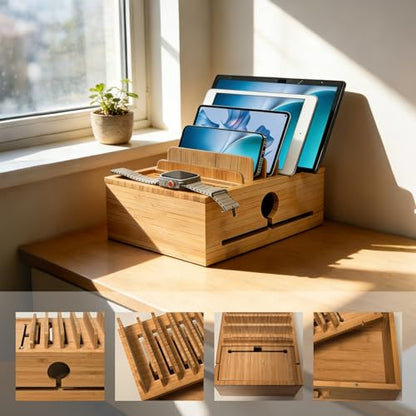 Bamboo Charging Station Organizer for Multiple Devices with 5 Cables