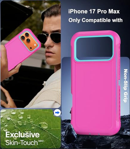 for iPhone 17 Pro Max Case with Belt Clip Holster,[Compatible with MagSafe] w/Screen Protector,Anti-Drop Shockproof Heavy Duty Protective Rugged Magnetic Phone Cover,with 360°Rotating Kickstand (Pink - color: Pink