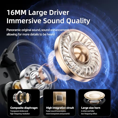 Wireless Earbuds with Touch Screen Charging Case, Open Ear Headphones,Sport Earbuds Bluetooth 5.4, 16mm Diaphragm Hi-Fi Stereo Sound,IPX6 Waterproof Over Ear Ear Buds with EQ/Remote Photo/Alarm,Black