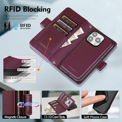 Antsturdy Compatible with MagSafe iPhone 14 Pro Wallet Case,Wine Red | Detachable Magnetic Credit Card Holder,RFID Blocking,PU Leather Zipper Purse,Wrist Strap Kickstand,Flip Phone Cover for Women - color: (Detachable with Magsafe)-Wine Red