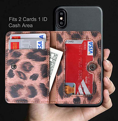 ID Card Holder for Back of Phone Leather Phone Wallet Stick On with Stand Flip Waterproof Leather Adhesive Wallet for Most Cellphones (Leopard) - color: Leopard