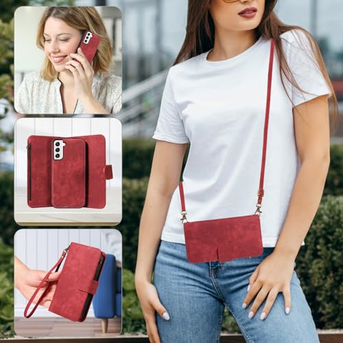 Asuwish Phone Case for Samsung Galaxy S22 5G Zipper Wallet Detachable Magnetic Cover with Tempered Glass Screen Protector Crossbody Lanyard Strap Card Holder S 22 22S 4G G5 6.1 inch Women Girls Red - color: Red