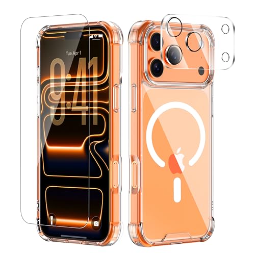 for iPhone 17 Pro Max Case with Tempered Glass Screen Protector & Lens Protector, Compatible with MagSafe, Military-Grade 4-Corner Shockproof, Magnetic & Anti-Yellowing Clear Case - color: Clear, size: iPhone 17 Pro Max