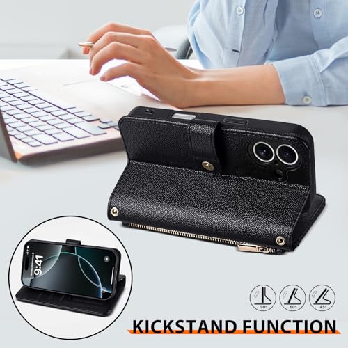 Wallet Phone Case Crafted for iPhone 16 Pro Max Black | Women Wallet Flip Case Cover Wrist Strap Zipper Credit Card Holder Slots PU Leather - color: Black, size: iPhone 16 Pro Max