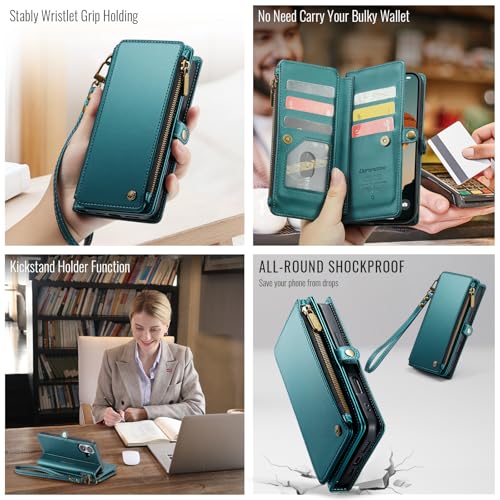 Defencase for iPhone 17 Wallet Case with RFID Blocking Card Holder, Green | Durable Soft PU Leather, with Zipper Pocket, Wrist Strap, Fashion Snap Flip Phone Cases Cover with Stand for Women and Men - color: Blue Green